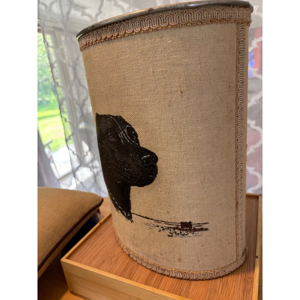 Vintage Black Labrador Dog Wastebasket and Pillow Set Burlap Style Home Decor